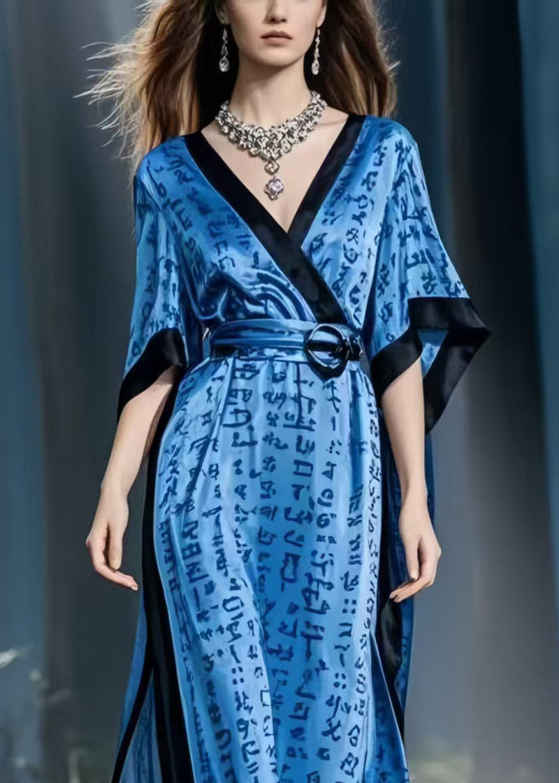 Navy Print Silk Vacation Dresses Cinched Side Open Summer