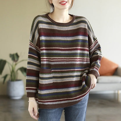 Colorful Red Striped Cotton Knitted Sweater