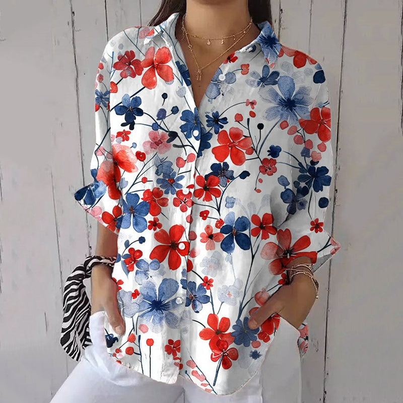 Women's Retro Independence Day Floral Art Print Casual Shirt elevenforest