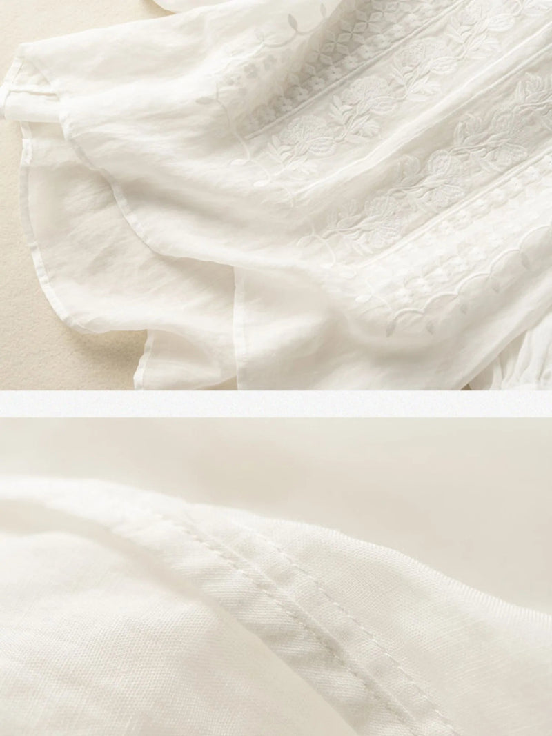 Embroidered Round Neck Half Sleeve Linen Tee Top