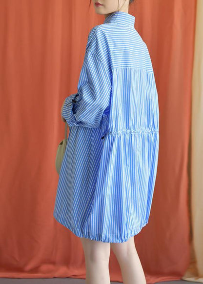 Simple Blue Cotton Dresses Drawstring Knee Fall Shirt Dresses