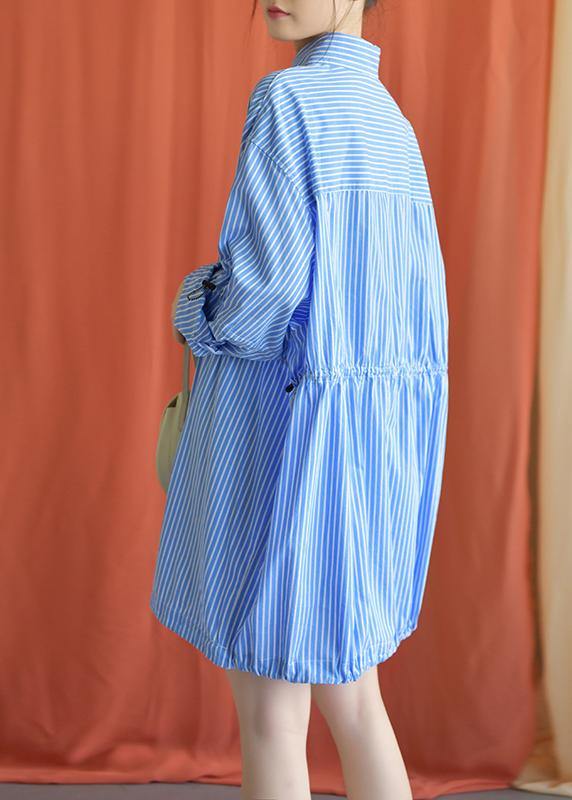 Simple Blue Cotton Dresses Drawstring Knee Fall Shirt Dresses