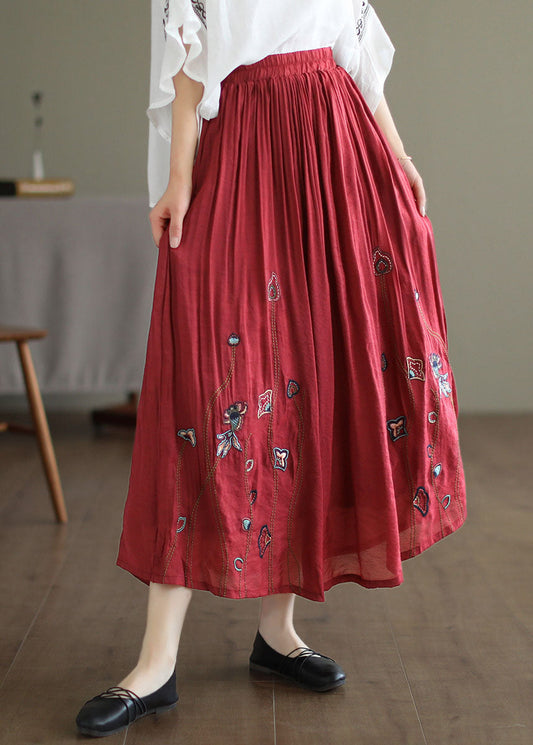 Red Linen Silk a Line Skirts Embroideried Exra Large Hem Spring