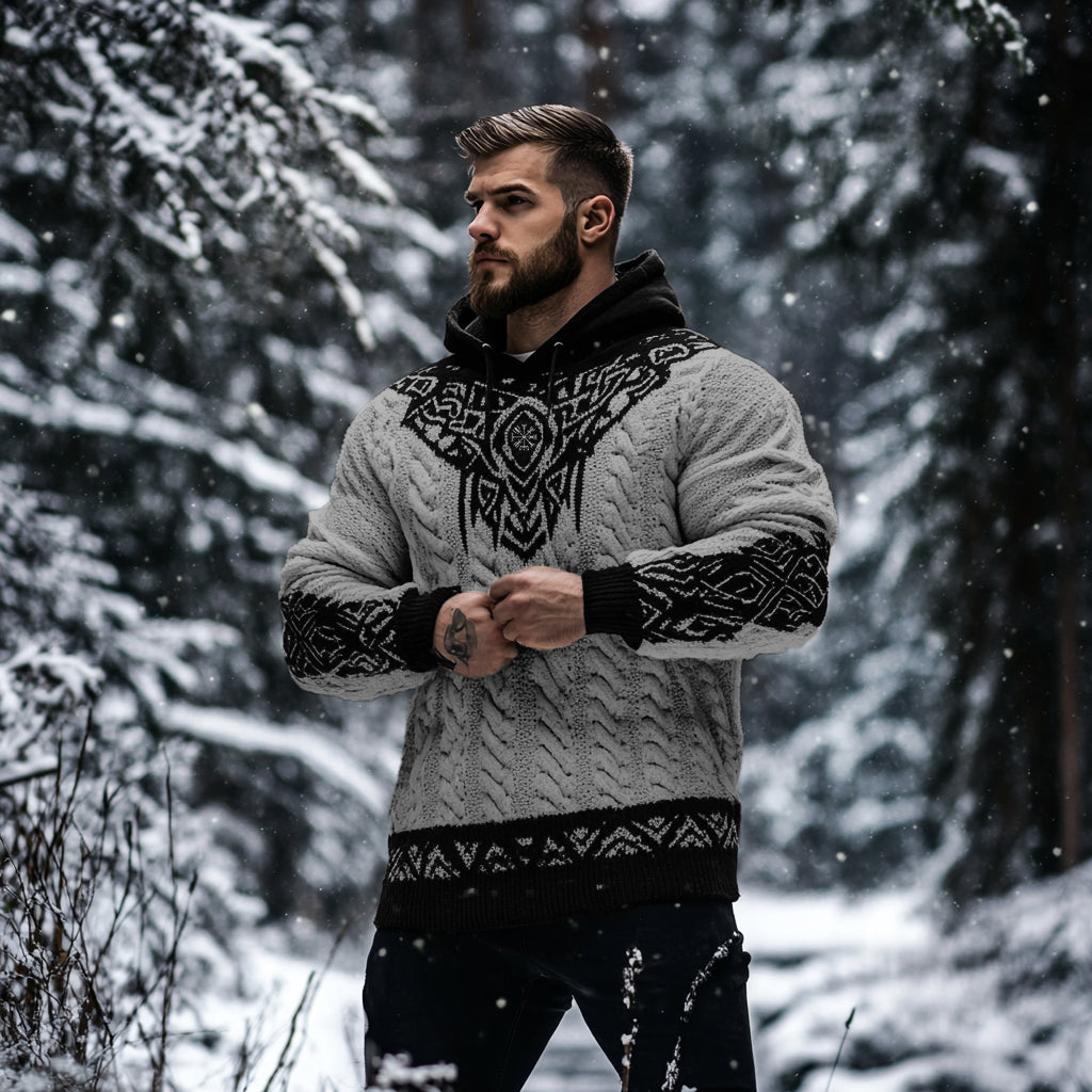Men's Viking Tribal Jacquard Celtic Inspired Chunky Knit Hooded Sweater elevenforest