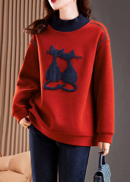 Red High Neck Patchwork Cotton Pullover Tops Winter
