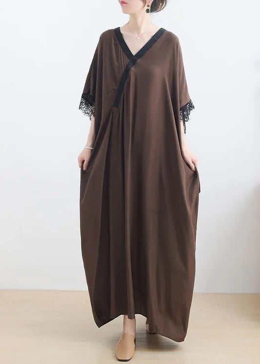 Chocolate Lace Trim Caftan Maxi Summer Chiffon Dress Gown