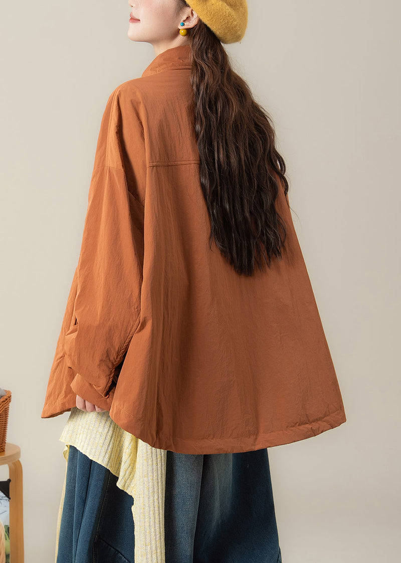 Orange Peter Pan Collar Pockets Cotton Filled Coats Spring