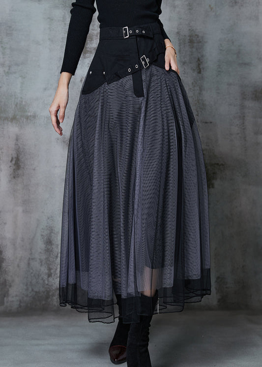 Grey Exra Large Hem Patchwork Tulle Pleated Skirt Spring