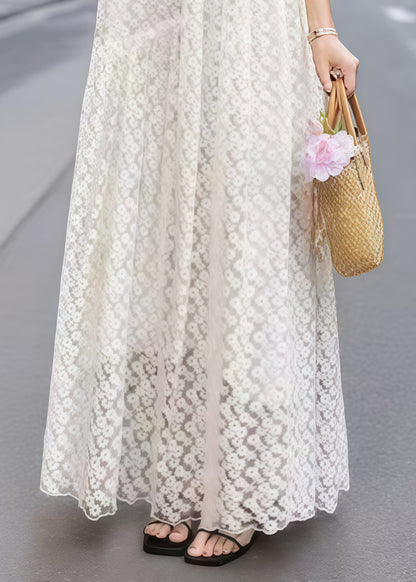 Boutique White Embroidered Hollow Out Tulle Robe Dresses Sleeveless