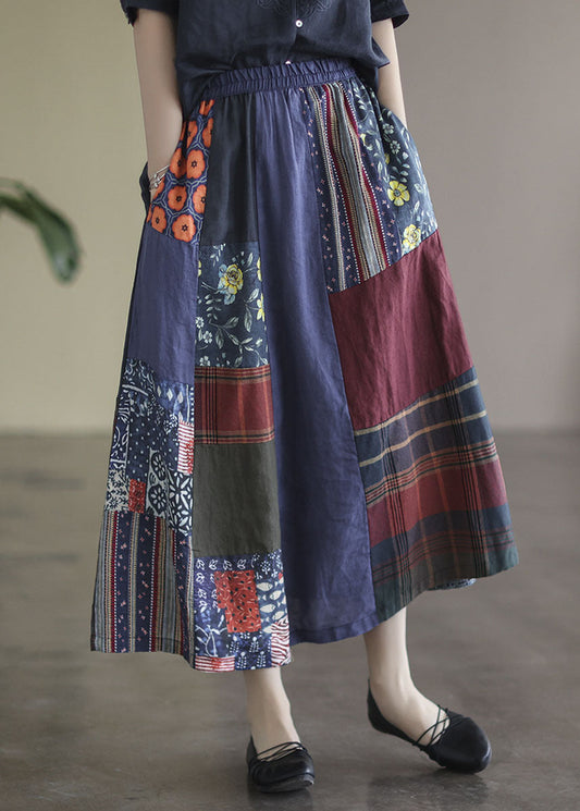 Colorblock Elastic Waist Patchwork Print Linen Skirts Summer