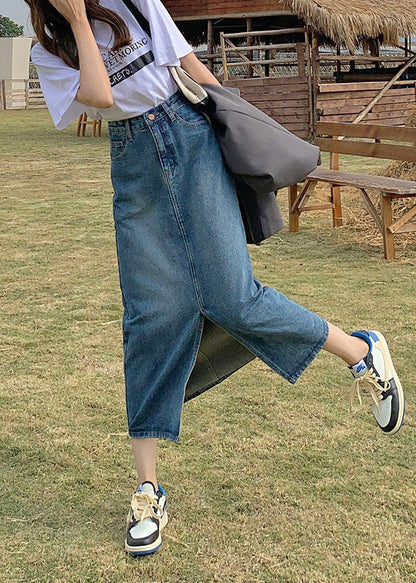 Denim Blue High Waist Side Open Cotton a Line Skirt Summer