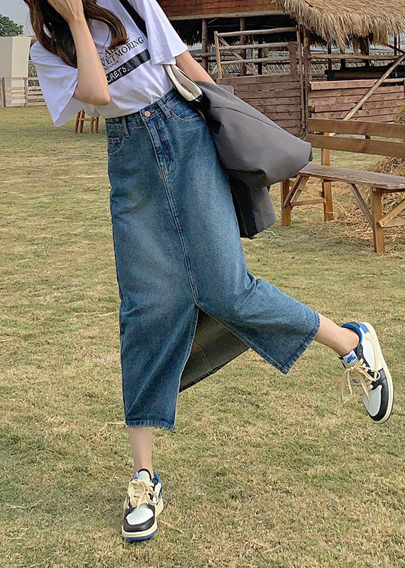 Denim Blue High Waist Side Open Cotton a Line Skirt Cozy