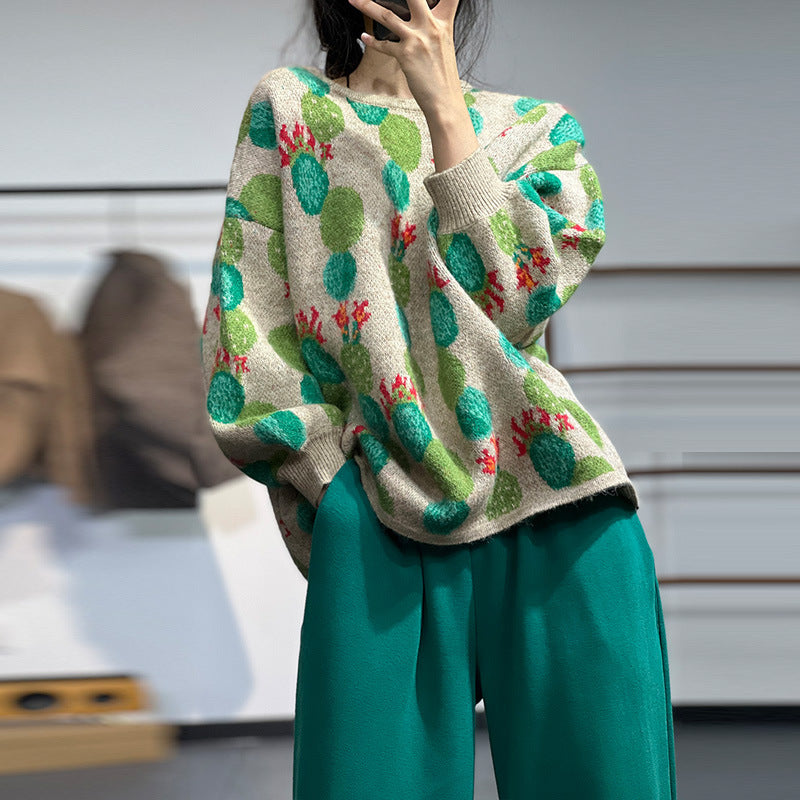 Jacquard Knitted Age Reduction Crew Neck Sweater