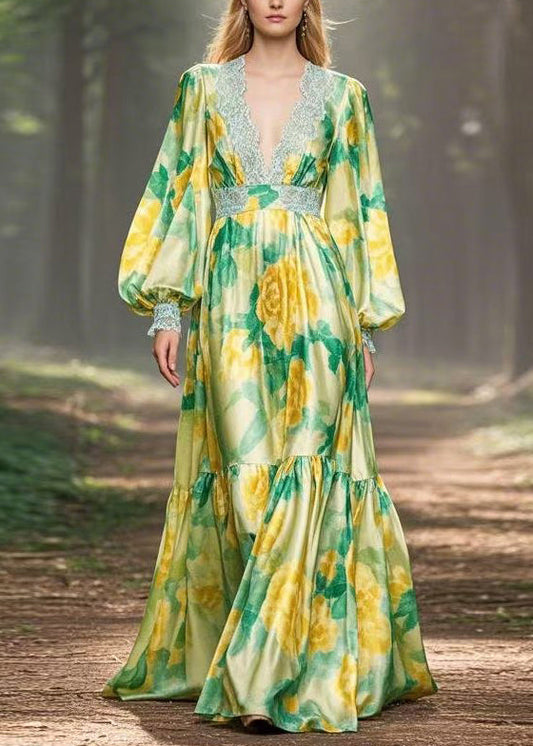 Green Print High Waist Silk Maxi Dress V Neck Spring
