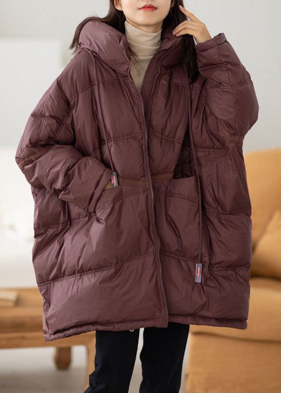 Coffee Hooded Oversized Drawstring Thick Canada Goose Jacket Batwing Sleeve