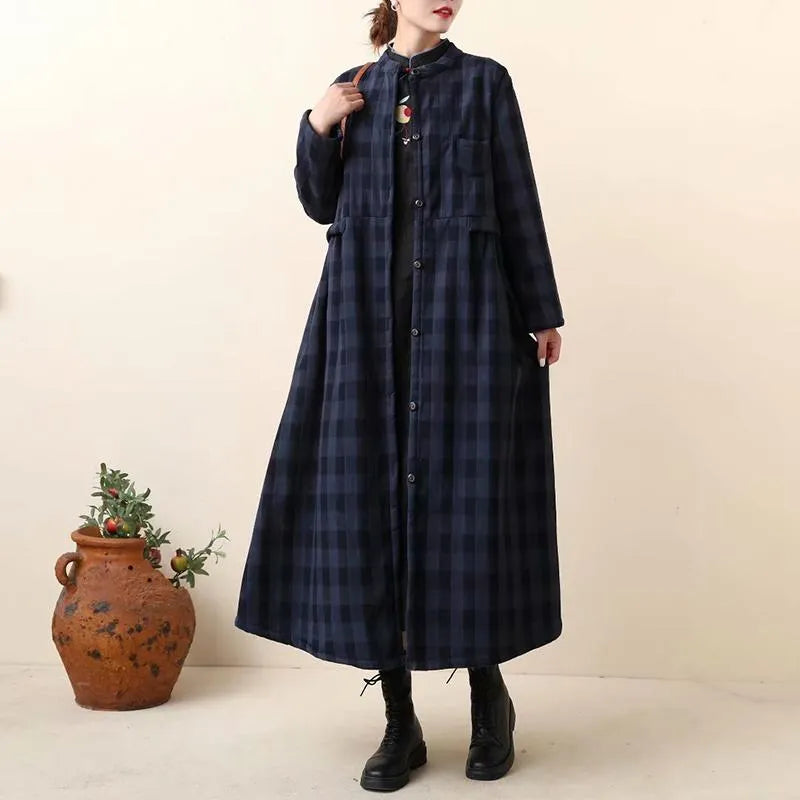 Thick Retro Cotton Linen Plaid Long Coat Dress