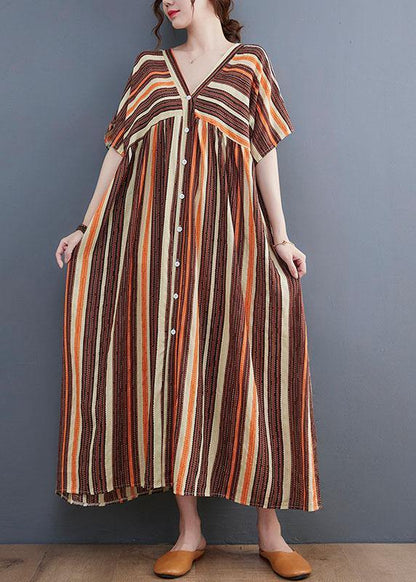 Orange Striped V Neck Patchwork Holiday Cotton Linen Dress