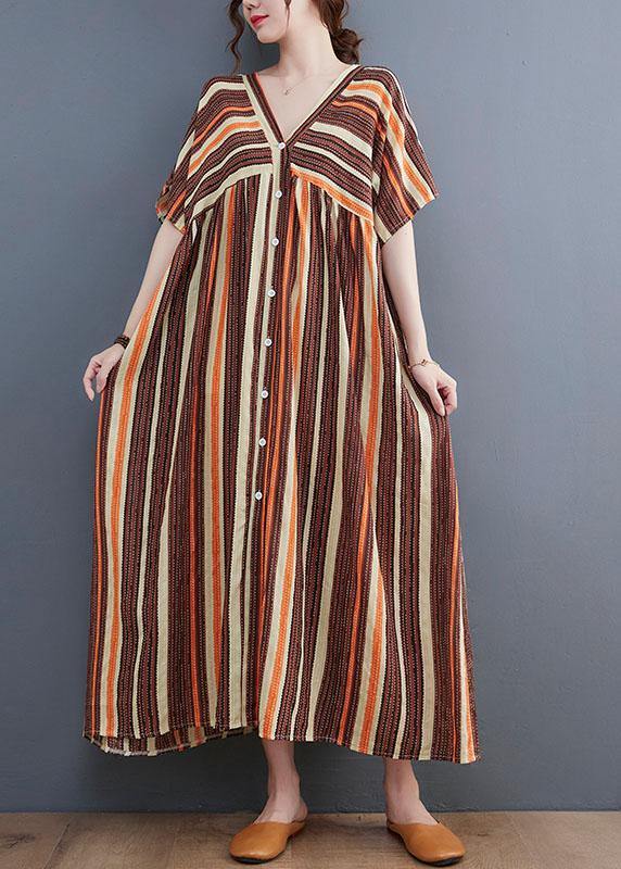 Orange Striped V Neck Patchwork Holiday Cotton Linen Dress