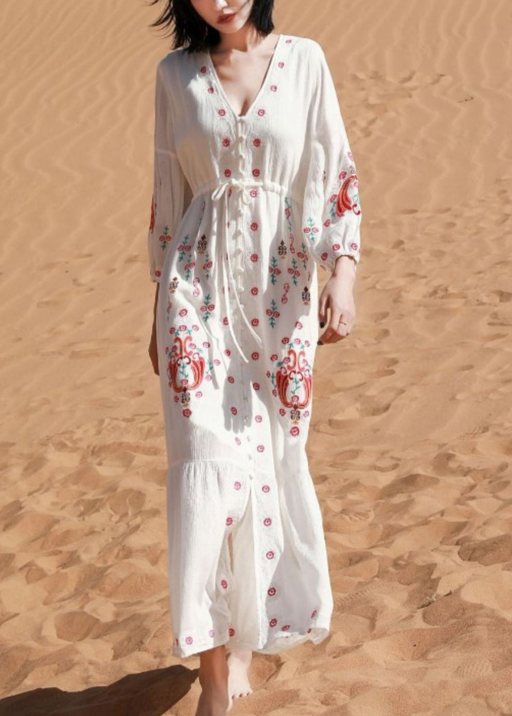 White V Neck Print Tie Waist Cotton Shirts Dresses Spring