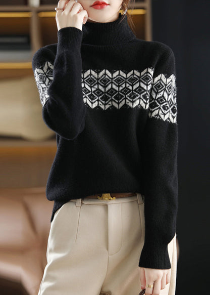 Black Turtleneck Cotton Knit Top Long Sleeve