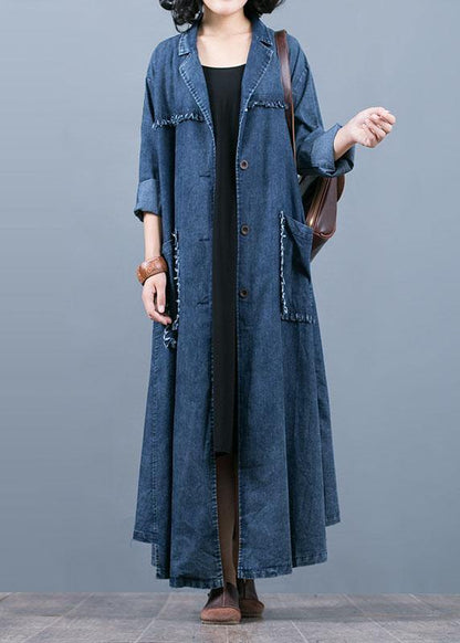 Denim Blue Coat Oversize Fall Coat Notched Large Pockets Coats