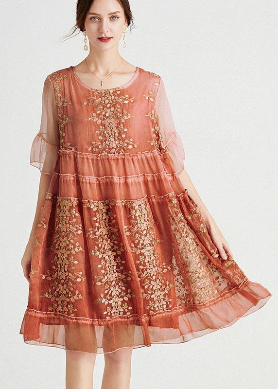 Rose Embroidered Patchwork Summer Dresses Half Sleeve