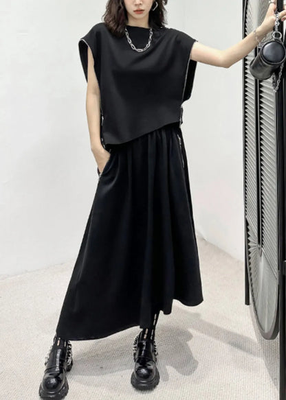 Black Zip Up Patchwork Tops and Skirts Cotton Two Pieces Set Fall