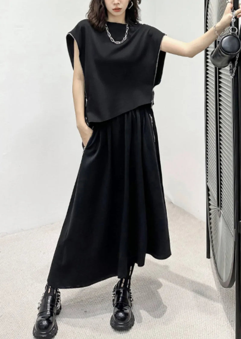 Black Zip Up Patchwork Tops and Skirts Cotton Two Pieces Set Fall