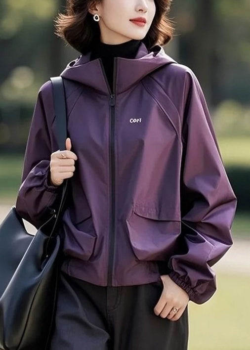 Loose Purple Hooded Zippered Cotton Coats Fall