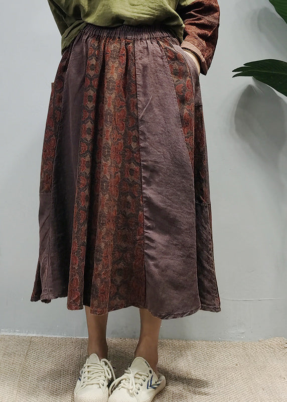 Green Elastic Waist Pockets Print Patchwork Linen Skirts Spring