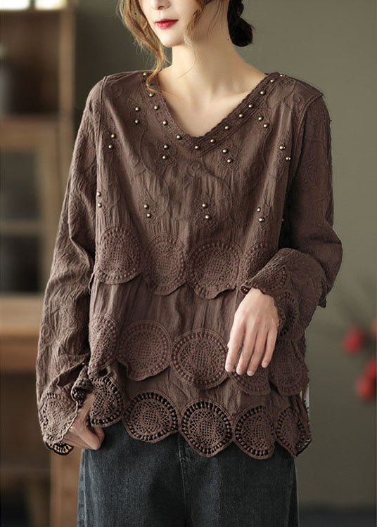 Coffee Embroideried Hollow Out Fall Long Sleeve Shirt Tops
