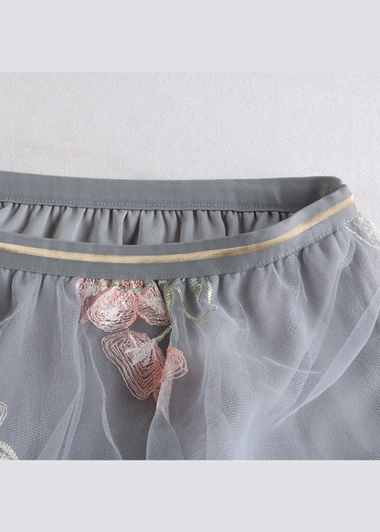 Grey Embroidered Elastic Waist Tulle Skirts Spring