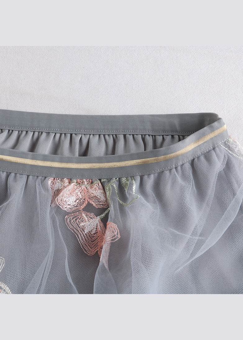 Grey Embroidered Elastic Waist Tulle Skirts Spring