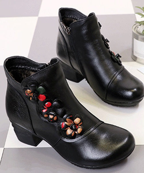 Black Chunky Heel Cowhide Leather Splicing Boots