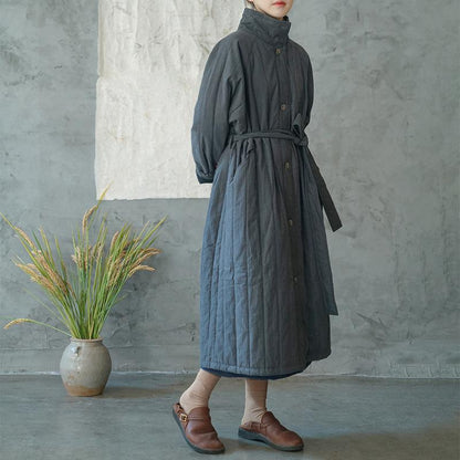 Winter Retro Quilted Lacing Belt Loose Cotton Overcoat