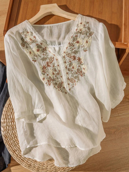 Embroidered V Neck 3/4 Sleeve Linen Top