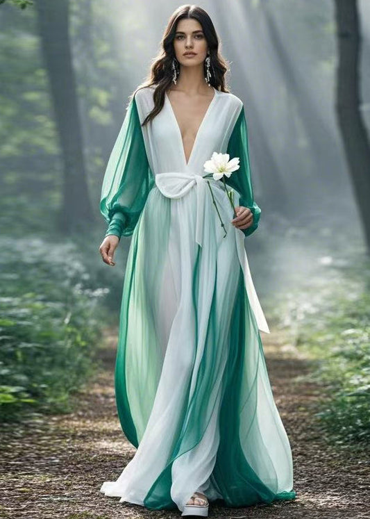 Colorblock V Neck Tie Waist Chiffon Maxi Dresses Spring
