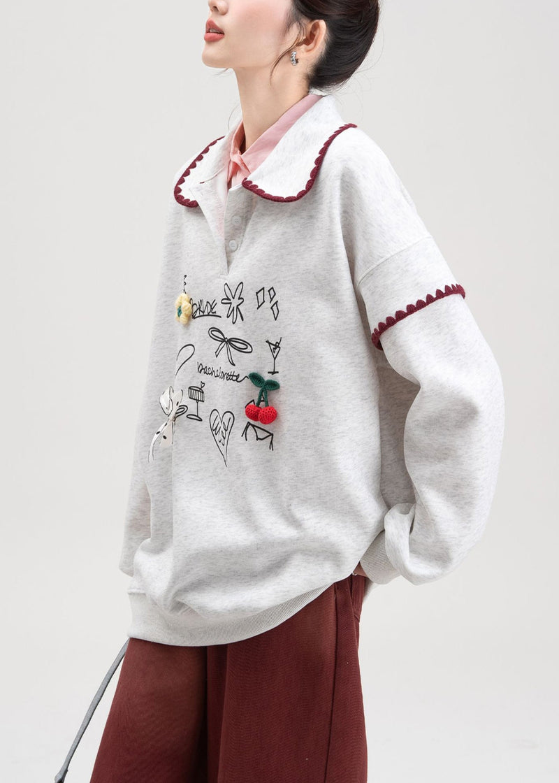 Grey Bow Print Cotton Fall Sweatshirts Peter Pan Collar