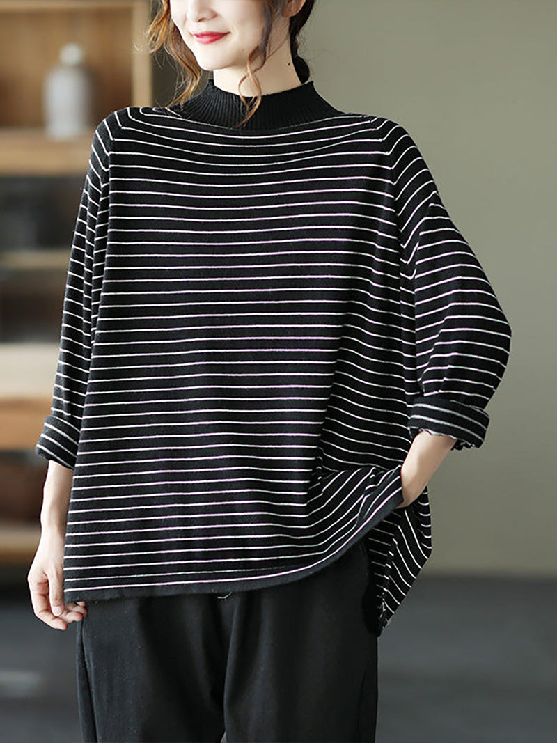- Stripes Turtleneck Knitted Long Sleeve Sweater