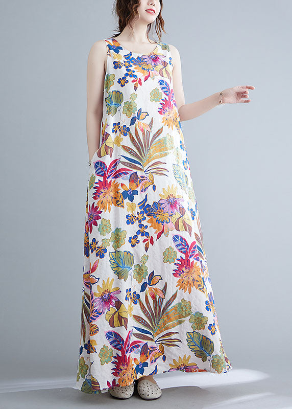 O-neck Print Cotton Long Dresses Summer