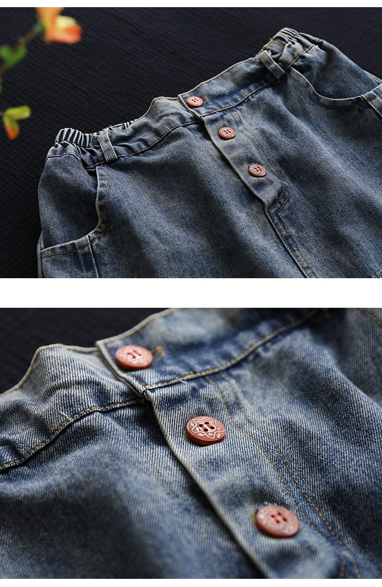 Denim Shredded Embroidered A-line Skirt