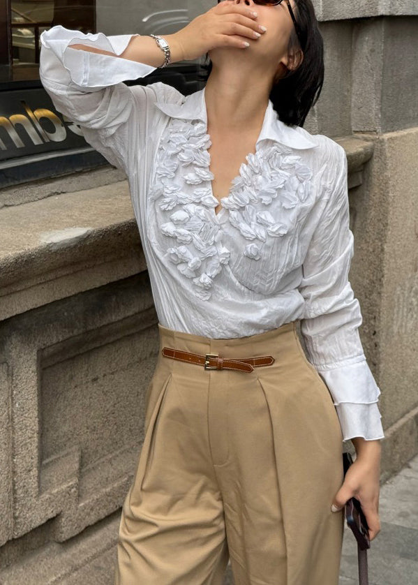Stylish White V Neck Wrinkled Cotton Blouse Fall