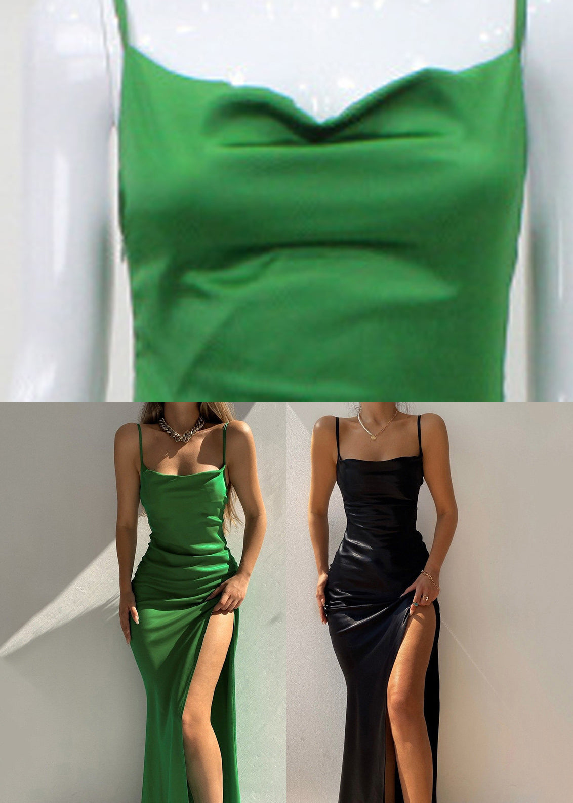 Green Slash Neck Silk Long Spaghetti Strap Dress Sleeveless