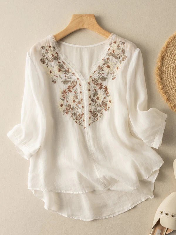 Embroidered V Neck 3/4 Sleeve Linen Top