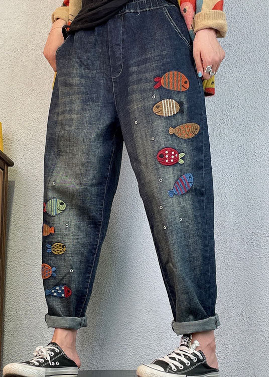 Loose Blue Embroidered Denim Spring Harem Pants
