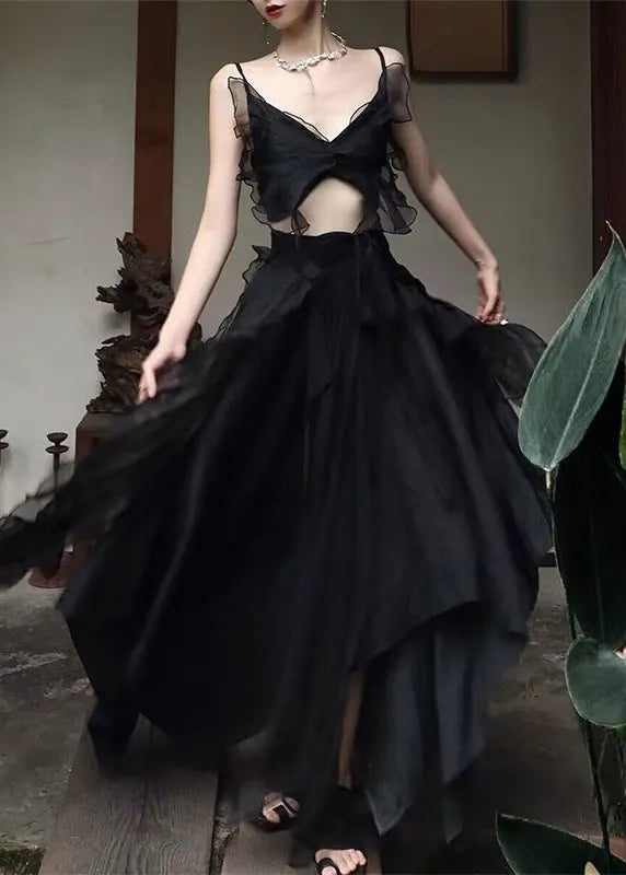 Diy Black V Neck Butterfly Tulle Vest and Maxi Skirts Two Pieces Set Summer