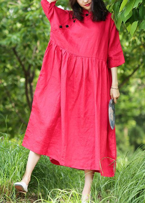 Red Cotton Tunics Stand Collar Cinched a Line Dresses