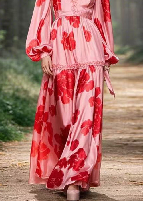 Pink Ruffled Print Chiffon Long Dress Spring