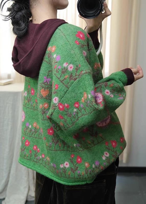 Green O Neck Print Loose Knit Cardigans Spring