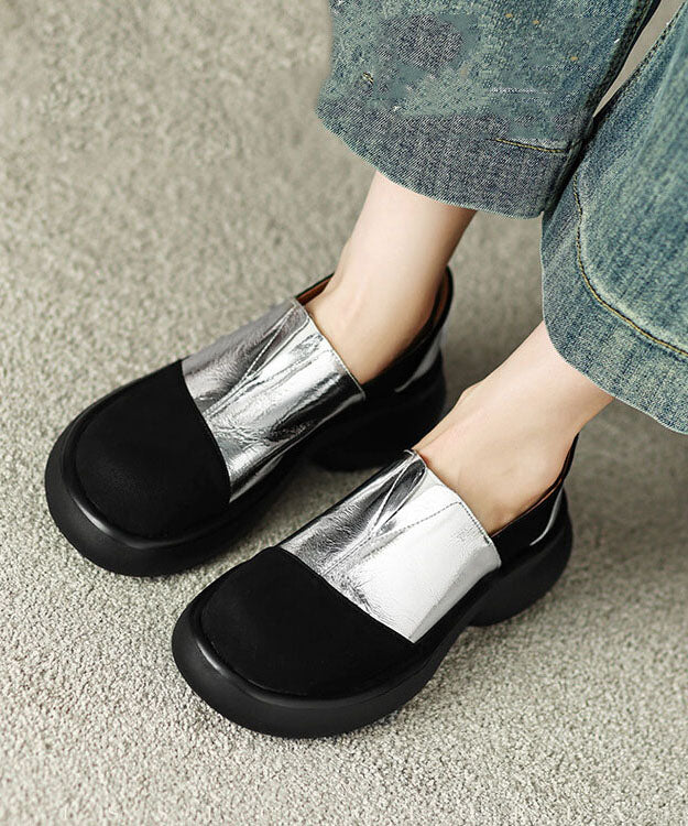 Splicing Platform Flat Shoes for Silver Faux Leather
